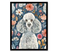 Cute Poodle Floral Portrait Blue Pink Dog Lover Framed Wall Art Artery8 Blue A4