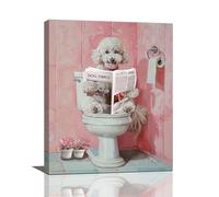 Cute Poodle On The Toilet Reading Newspaper Wall Art - Pink Bathroom Decor - 16"x20" Framed Canvas Print
