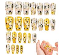 Cute Press on Nails | Glue on Nails for Girls - Set of 24 Bee and Flower Fake Fingernails Reusable for Shopping Dance Stage