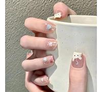 Cute Press-On Nails with Translucent Nude Base and 3D Embellishments - Oval Shaped Glossy Fake Nails for Art Enthusiasts, Featuring Hand-Painted Bear, Cloud, Heart, Flower and Crescent Moon Designs,