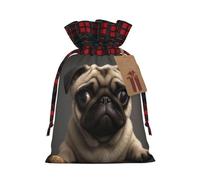 Cute Pretty Pug Dog -Print Burlap Drawstring Bags Plaid Design, Eco-Friendly Party Favors Packaging For Christmas Birthday.