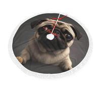 Cute Pretty Pug Dog Print Christmas Tree Skirt 36 inch, Xmas Tree Skirts Mat with Fringe Border for Christmas Holiday Party Decorations