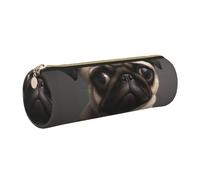 Cute Pretty Pug Dog Printed Leather Pencil Case Cute Stationery Organizer Round Makeup Bag Pen Pouch, Gold Zipper