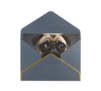Cute Pretty Pug Dog Printed Pearl Paper Greeting Card, Black - Folded Blank Cards with Gold Trim for Weddings, Birthdays, Christmas