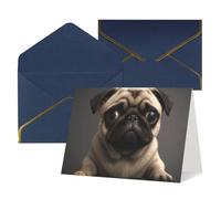 Cute Pretty Pug Dog Printed Pearl Paper Greeting Card, Blue - Folded Blank Cards with Gold Trim for Weddings, Birthdays, Christmas