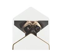 Cute Pretty Pug Dog Printed Pearl Paper Greeting Card, White - Folded Blank Cards with Gold Trim for Weddings, Birthdays, Christmas