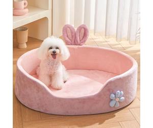 Cute Princess Dog Bed - Pink, Detachable, Washable With Rabbit Ear Design - Round, Soft, Comfortable, Warm for Small Medium Sized Breeds - Four Seasons (L 35cm / 13.8in)