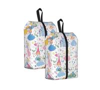 Cute Princess Travel Shoe Bag 2Pcs Castle Heart Water Resistant Shoe Organiser with Zipper Handle, Lightweight Pouch for Suitcase & Gym, Folds Flat for Packing