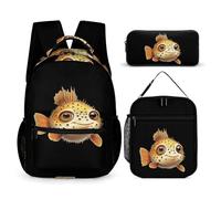 Cute Puffer Fish Printed Dayback Set with Lunch Bag And Pencil Case Lightweight Classic Backpack Set 3pcs