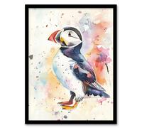 Cute Puffin Bird Colourful Watercolour Portrait Framed Art Print Artery8 White W12 inch x H16 inch