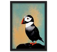Cute Puffin Bird on Rock Modern Print Illustration Artwork Framed Wall Art Print A4 Artery8 Black One Size