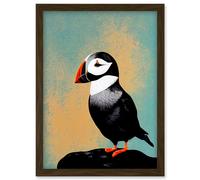 Cute Puffin Bird on Rock Modern Print Illustration Artwork Framed Wall Art Print A4 Artery8 Brown One Size