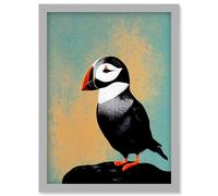 Cute Puffin Bird on Rock Modern Print Illustration Artwork Framed Wall Art Print A4 Artery8 Light Grey One Size