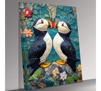 Cute Puffins In Love Kissing Canvas Wall Art Picture Print Ready To Hang Stretched Over A Frame - 18 x 12 inch / 45 x 30 cm
