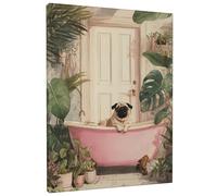 Cute Pug Bath Wall Art, Peach Green Tropical Plants Canvas Print, Aesthetic Bathroom Decor for Living Room, Bedroom, Bathroom, Animal Lovers 8x10 Inch