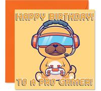 Cute Pug Birthday Card for Boys Girls - Pro Gamer - Happy Birthday Card for Granddaughter Daughter Cousin Grandson, 145mm Bday Greeting Cards