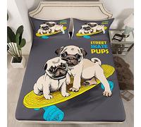 Cute Pug Dog Fitted Sheet Cartoon Skateboard Pugs Puppies Bed Sheet Set Kawaii Animal Bedding Set for Boys Girls Kids Dog Lover's Gift Bed Cover No Flat Sheet Double Size