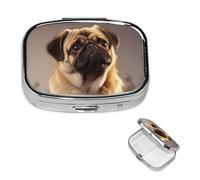 Cute Pug Dog Pill Box 2 Compartment Square Portable Pill Case for Pocket or Purse Pill Holder Weekly Pill Organizer Decorative Metal Medicine Vitamin Organizer Travel Gift