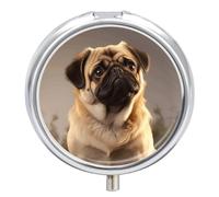 Cute Pug Dog Pill Box 3 Compartment Portable Round Pill Organizer Leak-Proof Lightweight Daily Compact Travel Pill Case for Vitamins Supplements Medication