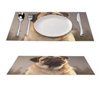 Cute Pug Dog Placemat, 2 PCS PVC Placemats Washable Non-Slip Place Mats for Dining Table, Wipeable Table Mat for Party Kitchen Dining Decor