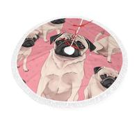 Cute Pug Dog Print Christmas Tree Skirt 36 inch, Xmas Tree Skirts Mat with Fringe Border for Christmas Holiday Party Decorations