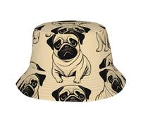 Cute Pug Dog Print Summer Bucket Hat,Trendy Sun Hat,Unisex Cap,for Beach,Golf, Fishing Outdoor Vacation Black, Black, One size