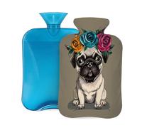 Cute Pug Dog Rose Hot Water Bottle with Cover, 2L PVC Hot Water Bag with Soft Cover, Reusable Heating Pad for Pain Relief Warm Hands Waist Abdomen Feet & Bed
