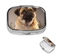 Cute Pug Dog Square Metal Pill Box 2 Compartment Cute Travel Pill Organizer Case Portable Medicine Vitamin Organizer Pill Case for Women Men Travel Unique Gift