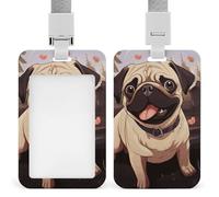 Cute Pug Id Badge Holder with Lanyard, Clear Vertical Card Protector Waterproof, Breakaway Safety Neck Strap, Heavy Duty Name Tag Holder for Nurse Teacher Officer Staff Women Men