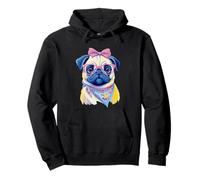 Cute Pug Portrait Dog Lover Graphic Pink Glasses Bow Floral Pullover Hoodie