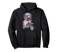 Cute Pug Riding Motorcycle Cartoon Fun Pullover Hoodie