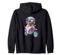 Cute Pug Riding Motorcycle Cartoon Fun Zip Hoodie