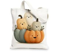 Cute Pumpkin Canvas Tote Bags, Adorable Pumpkin Design Reusable Shopping Bags, Fun Playful Lightweight Washable Shoulder St, White, 13x15 Inch