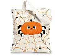 Cute Pumpkin Spider Canvas Tote Bags, Fun Halloween Pattern Reusable Grocery Bags, Lightweight Washable Shoulder Strap Canv, Orange, 13x15 Inch