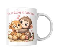 Cute Punch The Monkey Hugging Teddy Bear Mug - ‘I’m So Lucky to Have You’ Coffee Cup, Sweet Gift for Mum, Girlfriend, Wife, Friend - Birthday, Mother’s Day, Valentine’s Cute Animal Mug