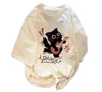 Cute Punk Cat Guitar Printed Short Sleeve T-Shirt Summer Oversized Graphic Tees Harajuku Vintage Aesthetic Baggy Top, Beige, Large