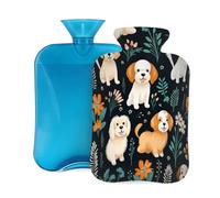 Cute Puppies Flower Pattern Hot Water Bottle with Cover, 2L PVC Hot Water Bag with Soft Cover, Reusable Heating Pad for Pain Relief Warm Hands Waist Abdomen Feet & Bed