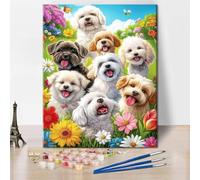 Cute Puppies Paint by Number for Adults Beginner,A Group of Yorkshire Terriers with Flowers Paint by Numbers Kits for Home Wall Decoration 40x50 cm -Without Frame