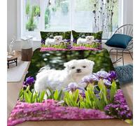 Cute Puppy and Flowers Single Duvet Cover Set Pet Dog Bedding 3D Soft Comfort Microfiber Quilt Cover 135x200 cm with Zipper Closure and 2 Pillowcases for Kids Teenager Adults U.721