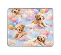 Cute Puppy Balloon Desk Mouse Pad, Blue Peach Watercolor Clouds Stitched Edge Mousepad, Rubber Non-Slip Washable Gaming Mouse Pad for Home and Office Computer, Laptop Square 8x10 Inch