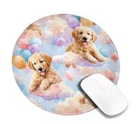 Cute Puppy Balloon Desk Mouse Pad, Blue Peach Watercolor Clouds Stitched Edge Mousepad, Rubber Non-Slip Washable Gaming Mouse Pad for Home and Office Computer, Laptop Round 8x8 Inch