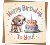 Cute Puppy Birthday Card with Cake - 145mm x 145mm Square - Blank Inside - Fun Kids/Adults Greeting - Pastel Confetti Design - Includes Kraft Envelope