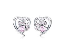 Cute Puppy Dog Cat Paw Print Stud Earrings S925 Sterling Silver Lovely Pink Crystal Clear CZ Endless Love Heart Earring Studs Hypoallergenic Jewelry Gifts for Pet Lovers Girls Women (Pink CZ)