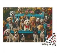 Cute Puppy Group Photo Jigsaw Puzzles 1000 Pieces for Adults Happy Puppies on A Blue Garden Bench Premium Sturdy Vibrant Challenging Stress Relief Family Game Gift 52x38cm/1000pcs