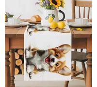 Cute Puppy Table Runner 16x72 Inches Long Watercolor Cartoon Dog Animal Cotton Linen Table Runner Burlap Style for Dinner Table Party Decor Tabletop Decorations