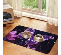 Cute Purple Butterfly Pet Feeding Mat Absorbent Pu Leather Dog Cat Food Mats Contain Spills Protects Floors, Anti-Slip Rubber Backing Dog Bowl Mats Easy Clean Pet Placemats 40x60cm