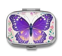 Cute Purple Butterfly Pill Box 2 Compartment Portable Pill Case Daily Square Pill Organizer for Pocket Purse Daily Medicine Container to Hold Vitamins Fish Oil Travel Gifts