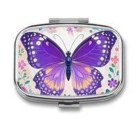 Cute Purple Butterfly Pill Box 2 Compartment Waterproof Pill Case with Mirror Square Container Metal Medicine Box Organizer Portable Vitamin Case for Pocket & Purse Travel