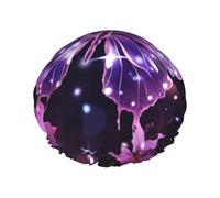 Cute Purple Butterfly Shower Cap Reusable Waterproof Shower Bonnet for Women Men Elastic Band Bath Hair Hat Double Layered Washable Bath Cap for All Hairstyles, Travel-Friendly