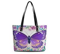 Cute Purple Butterfly Tote Bag Large Soft Leather Purse with Zipper Lightweight Ladies Shoulder Handbag